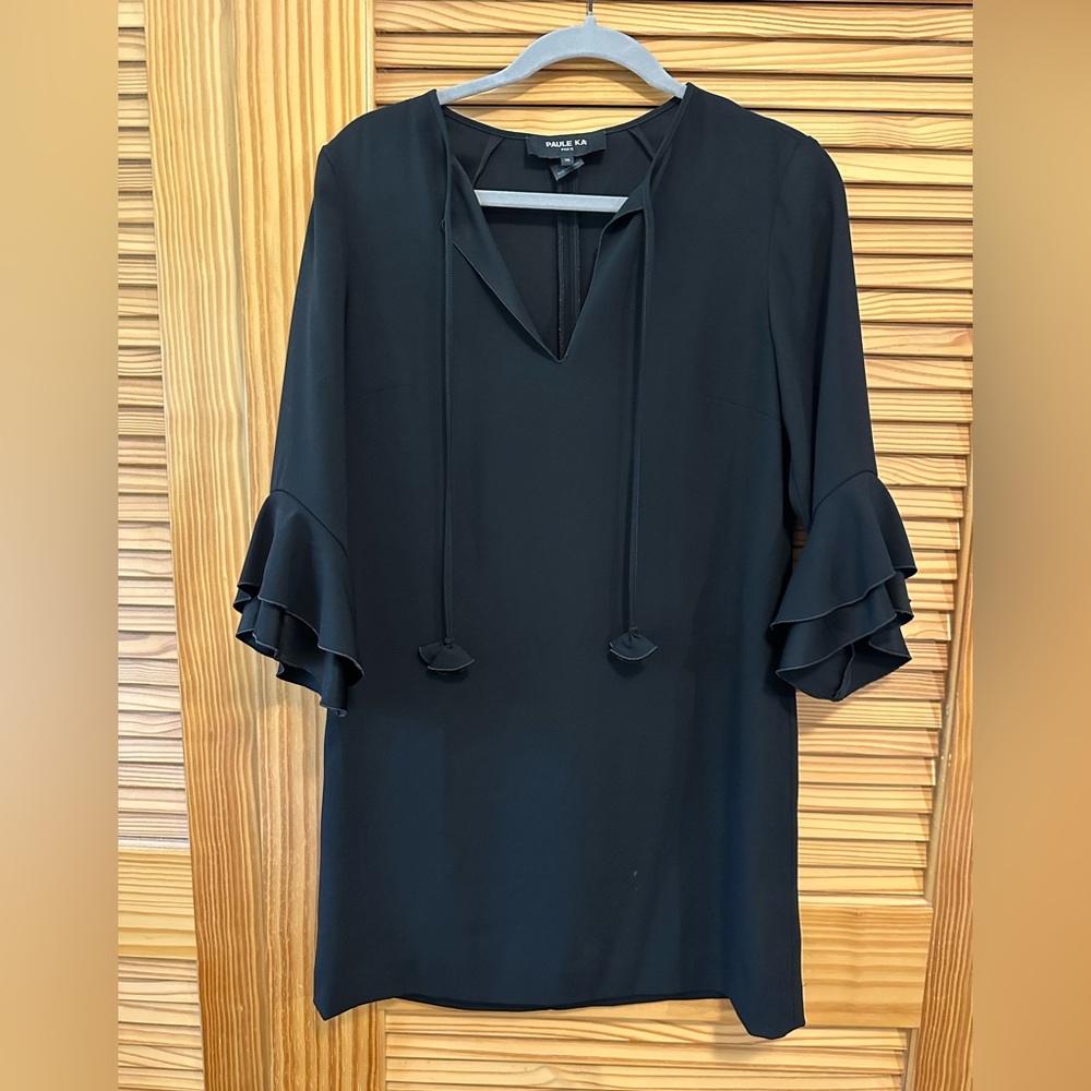 Paule Ka Paris Black Shift Tunic Dress with 3/4 Ruffle Sleeves Size 38 / Small